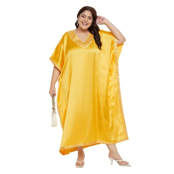 Gypsie Blu Comfortable Satin Women Kaftan Dress Solid Embroidery Lace Yellow - Picture 1 of 6